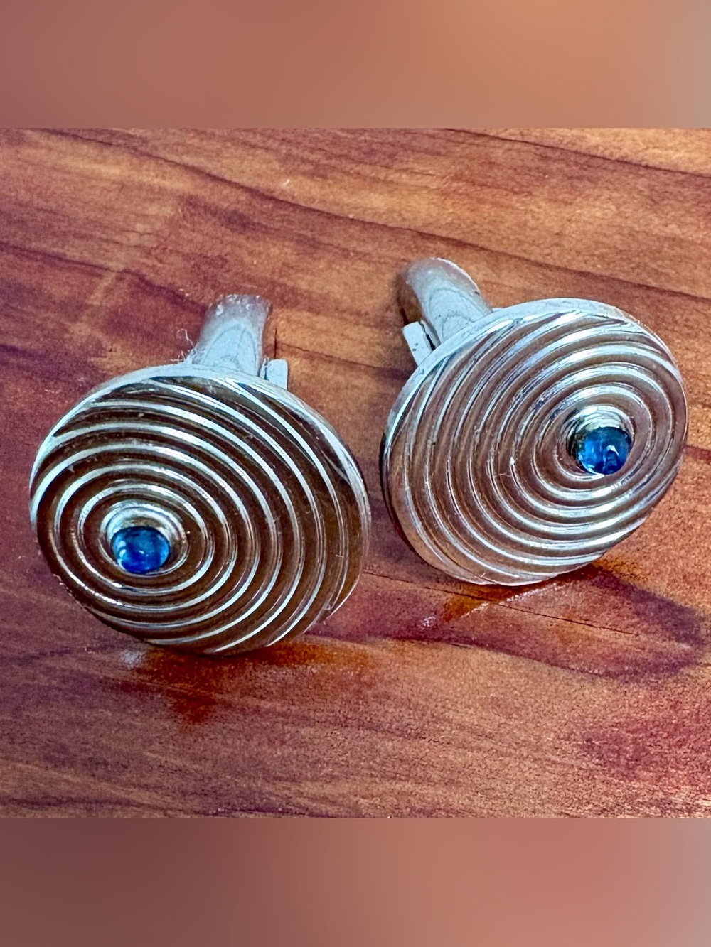 Mid-Century Spiral Round Silver Cufflinks with Blue Center Stones